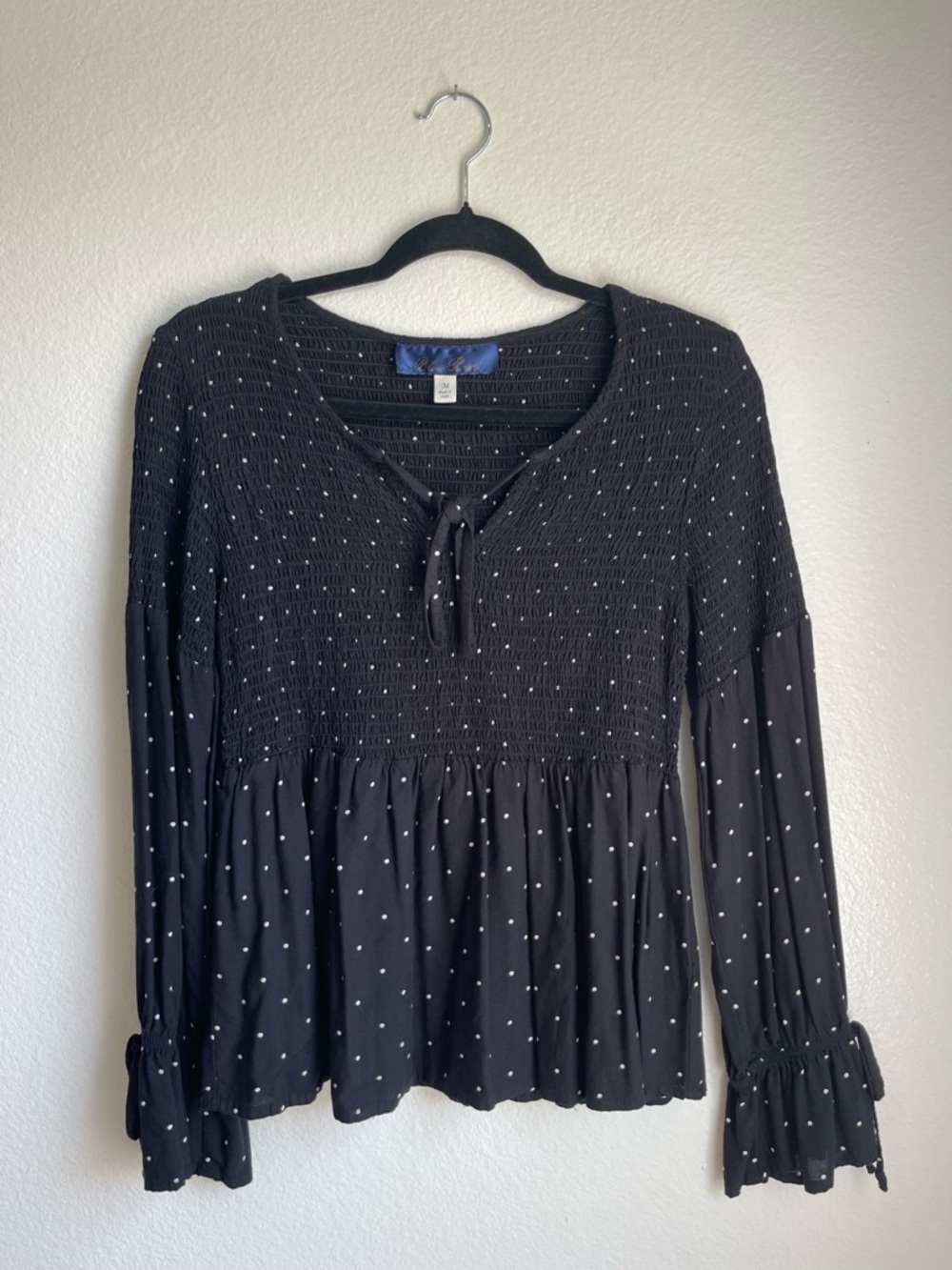 Blue Rain Black Long-Sleeve Smocked Polka Dot‎ Peasant Top Size M
